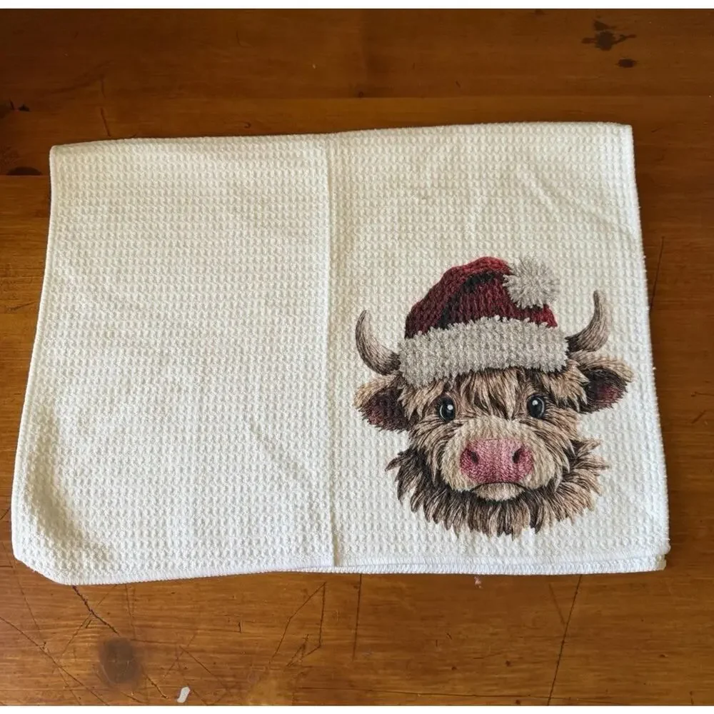 Highland Cow Christmas Kitchen Towel & Ornament Bundle Farmhouse Holiday Decor